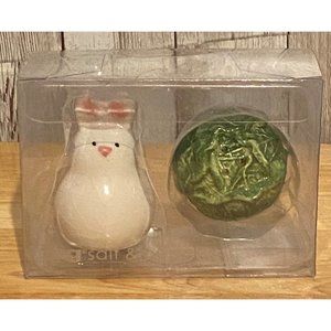 Tag Salt & Pepper Shakers Set White Easter Bunny Rabbit Head of Lettuce Spring